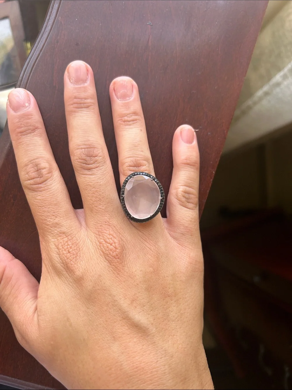 Large Oval Rose Quartz Statement Ring in Black Setting